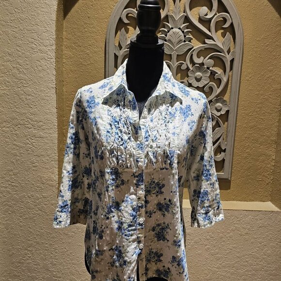 Cottagecore Romantic Floral Blue & White Button-Down 3/4 Slv Blouse W Ruffle S - Picture 1 of 9